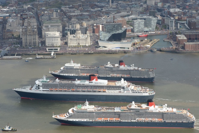 Cunard's Three Queens sail down Mersey, Liverpool, Britain - 25 May 2015